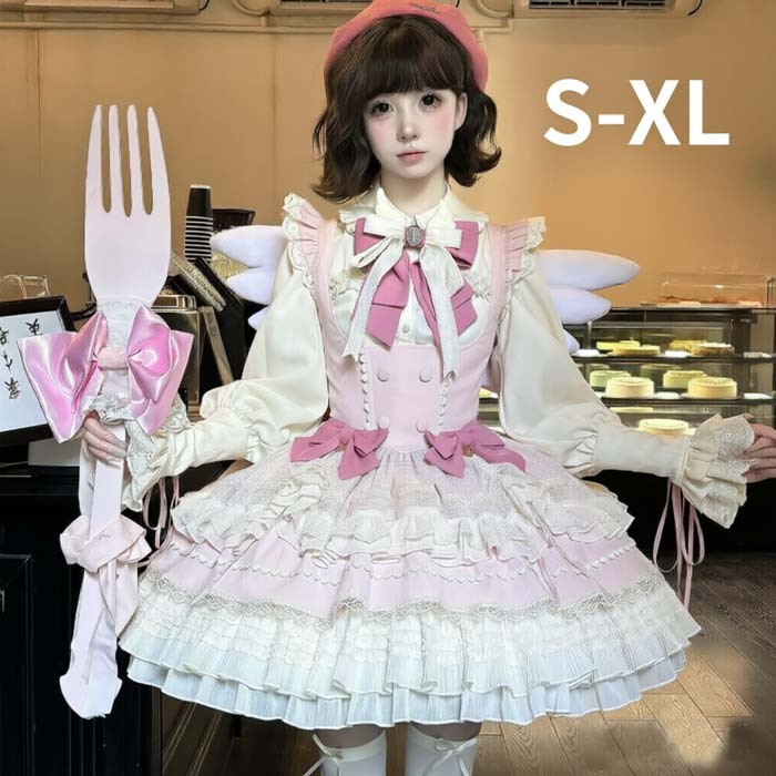 ロリータ ジャンパースカート トップス アイドル服 ティアードスカート 甘ロリ セットアップ トップス付き レディース 女子 リボン ショート丈 ワンピース ミニ フリル 長袖 かわいい コスチューム コスプレ 仮装 コンカフェ イベント ハロウィン ピンク S M L XL