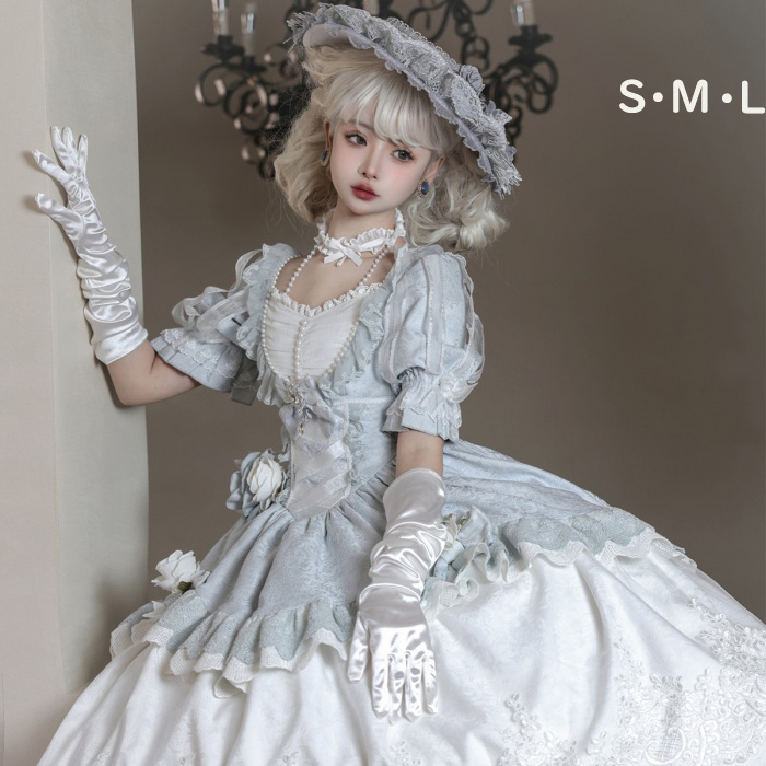 ロリータ 可愛い 萌え萌え リボン ワンピース Lolita ロング丈 レディース コスチューム お嬢様 パーティー 仮装 演出 ステージ 学園祭 文化祭 イベント ブルー S M L